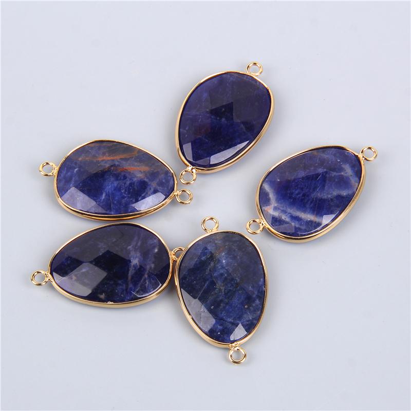 2PCS Natural Faceted Stone Agates Quartzs Amazonite Pendant Gold Color Connector Charm Double Hole For Jewelry Making Gift