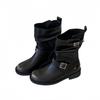 Retro design round head short boots medium boots autumn and winter belt buckle color matching stacking boots flat boots
