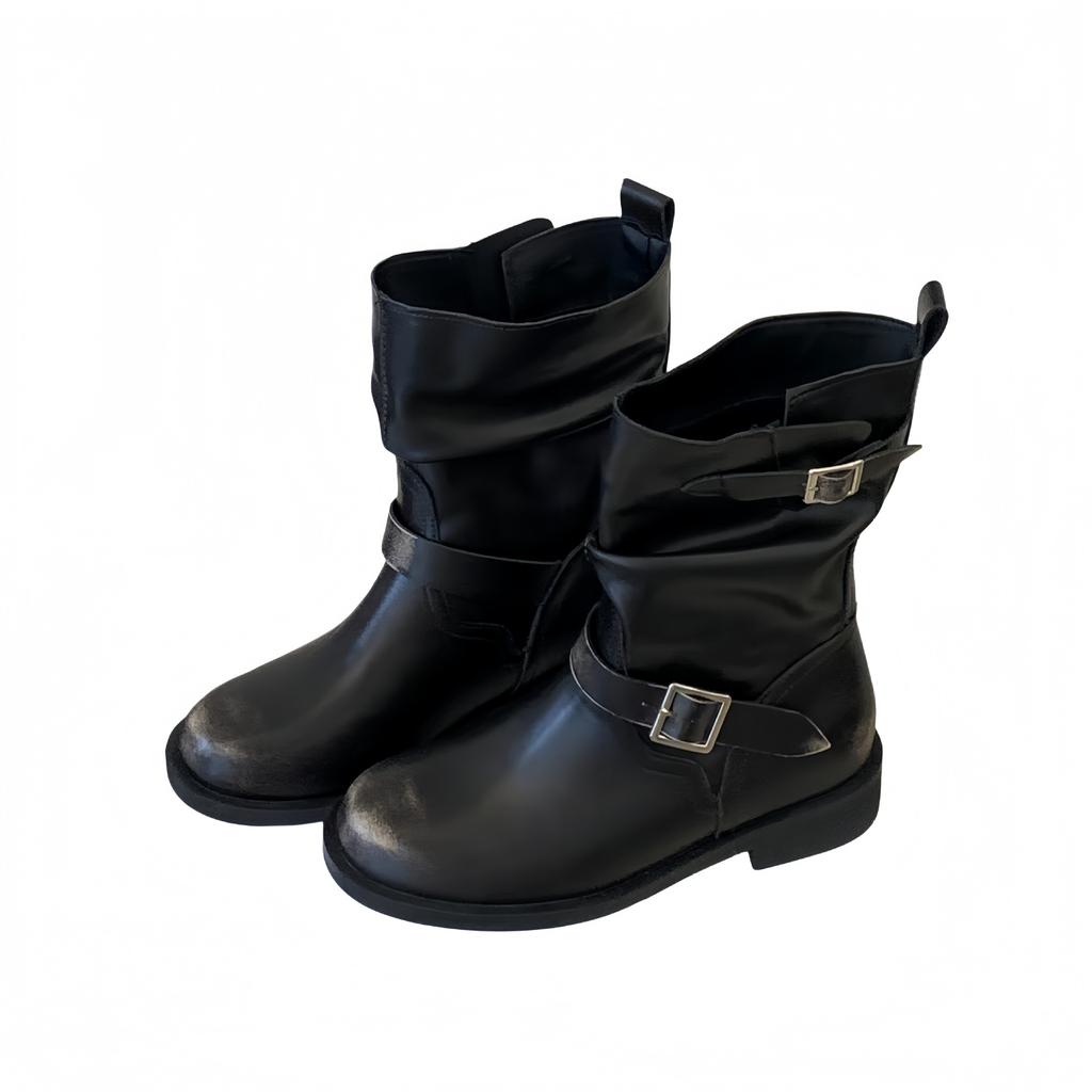 Retro design round head short boots medium boots autumn and winter belt buckle color matching stacking boots flat boots