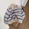 Niche Blue Striped Polo Lapel Long-sleeved Knitted Sweater Women's Autumn and Winter Lazy Pullover