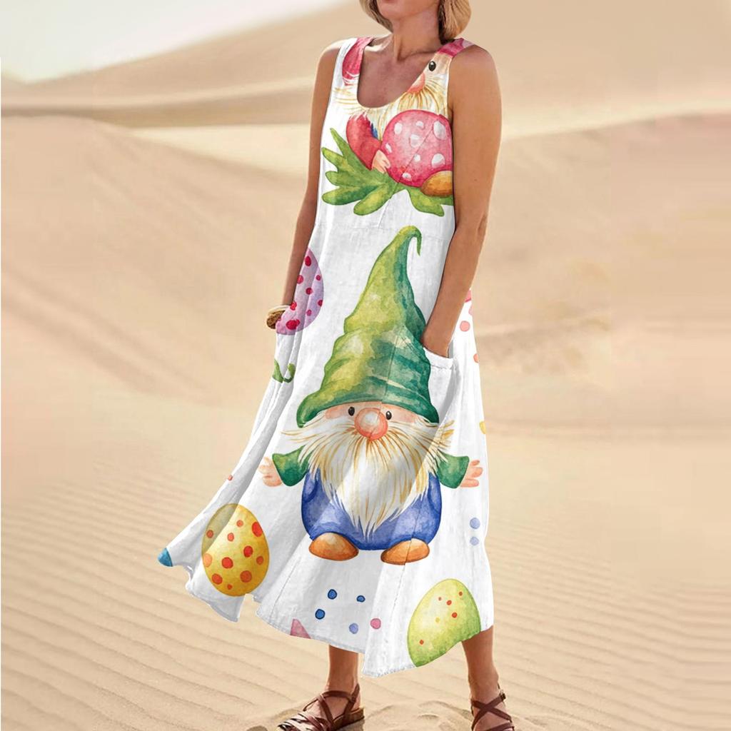 Women's Summer Casual Fashion Easter Printed Sleeveless Round Neck Pocket Dress