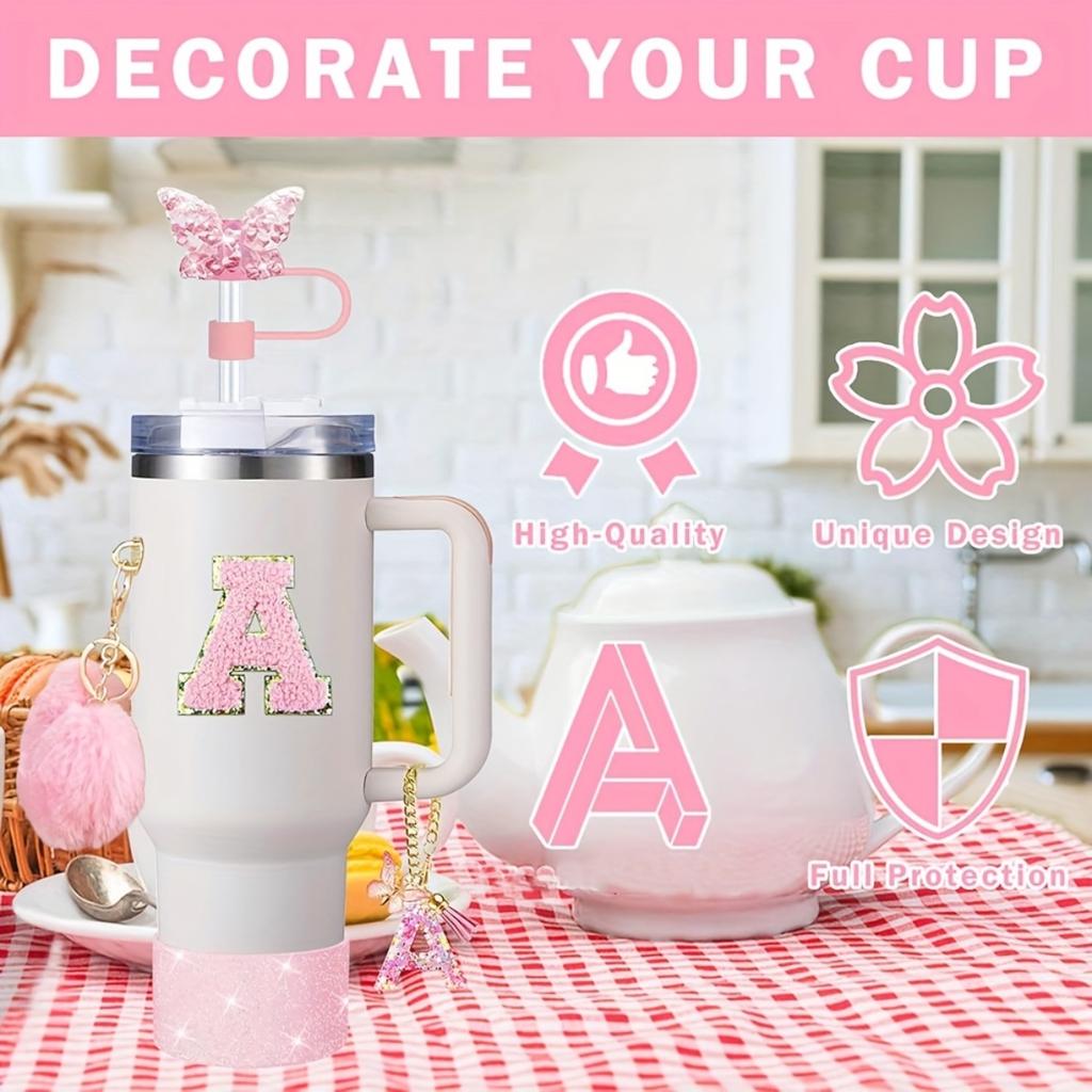 8pcs Cup Accessories for Cup 30oz 40oz Includes Butterfly Straw Cover Cap Silicone Boot Alphabet Handle Charm Initials Sticker