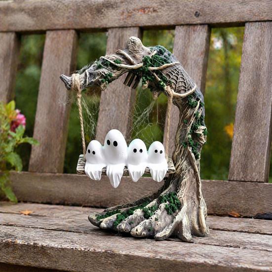 Glow in The Dark Garden Statue Glowing Ghost on Swing Resin Yard Decor, Weatherproof Halloween Outdoor Ornament with Decorative Party Crafts