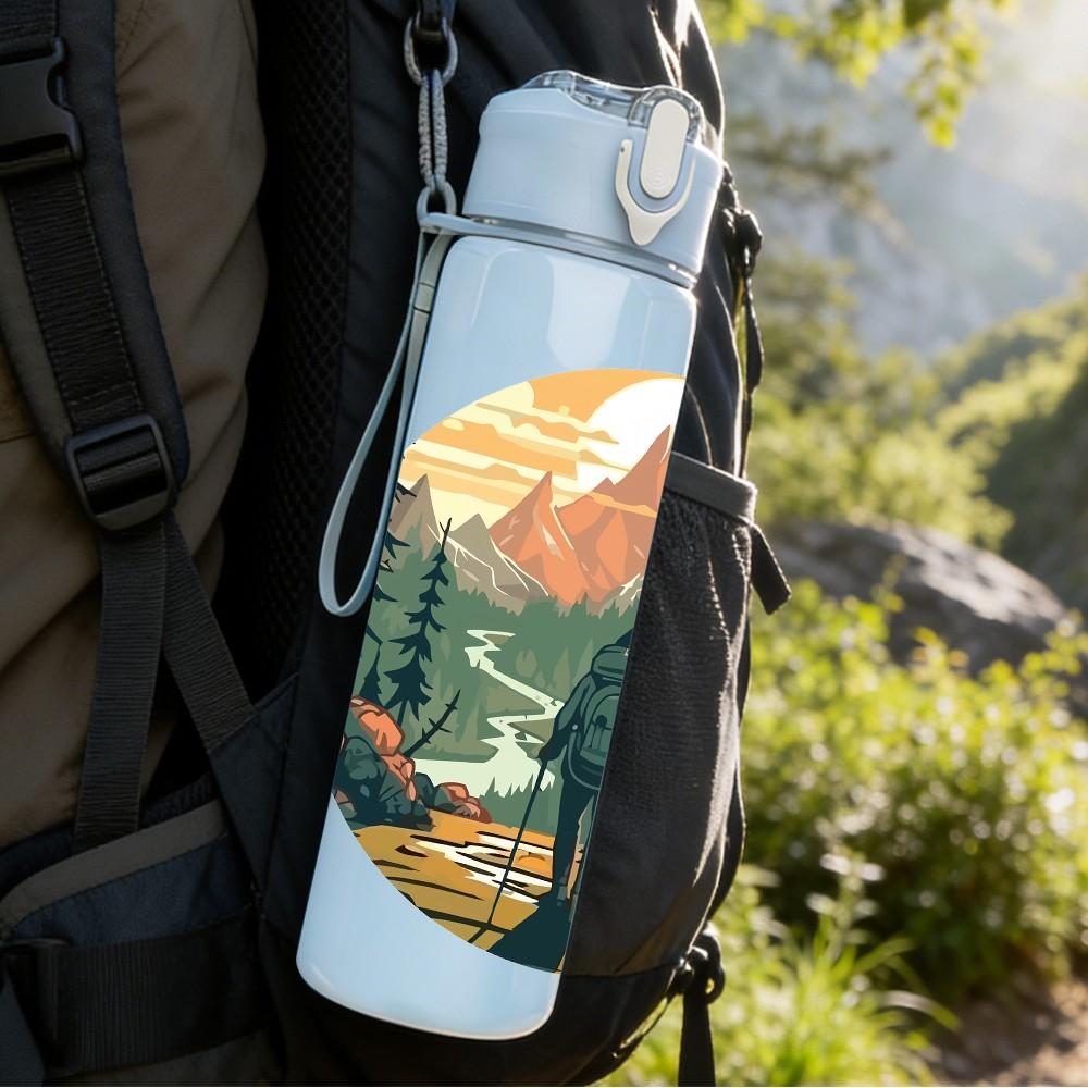 1PC Mountain Forest Scenery Landscape Print 750ml Color Plastic Sports Water Bottle Leakproof Flip Straw Lid Suitable for Sports Office Home Use