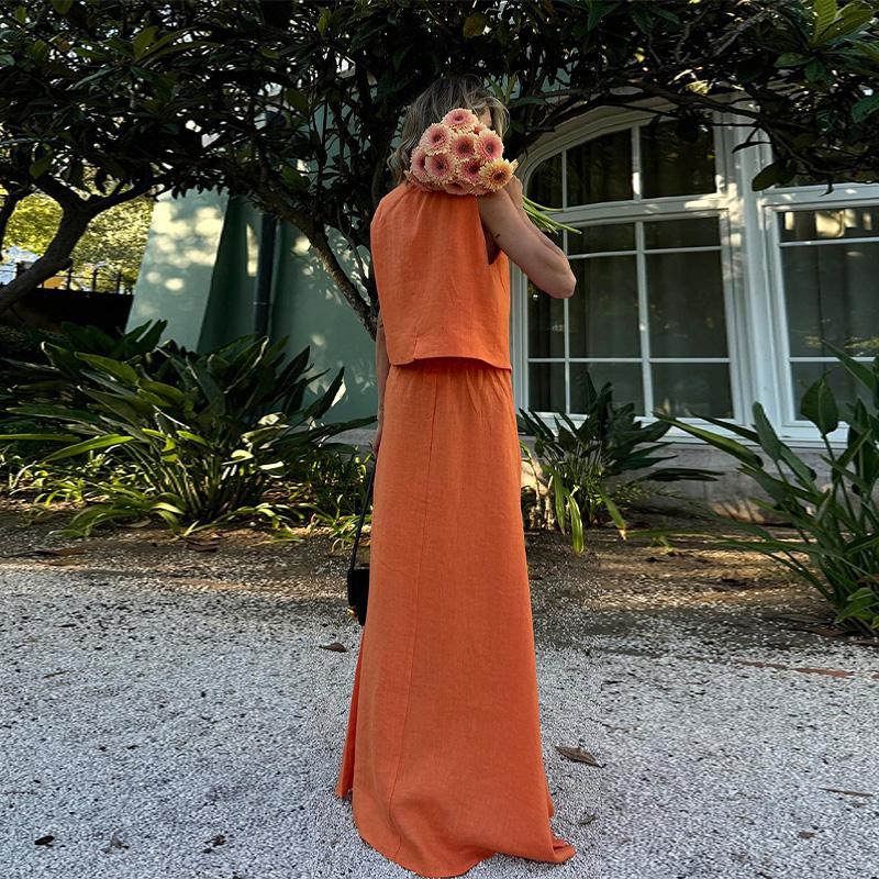 Solid Color Two Piece Set for Women 2025 Fashion V Neck Sleeveless Top High Waist Temperament Skirts Elegant 2 Piece Sets Female