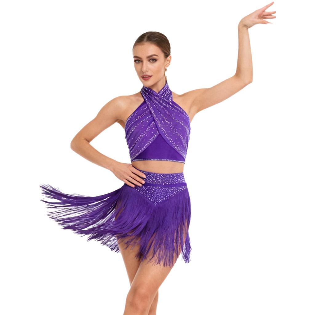 Womens Chacha Salsa Dance Outfit Halter Sleeveless Backless Shiny Ruched Crop Top Tiered Tassels Skirt Built In Shorts