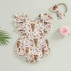 Girls Romper Head Band Suit Summer Fly Sleeve Square Neck Bull Print Romper Bow Headwear