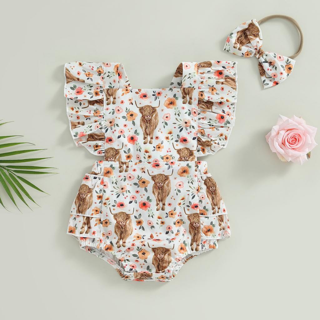 Girls Romper Head Band Suit Summer Fly Sleeve Square Neck Bull Print Romper Bow Headwear