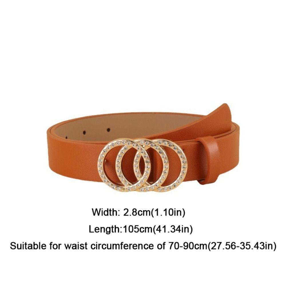 Luxury Design Rhinestone Slide Buckle Belt with Three Ring Thin Waist Strap Leather Belt  For Women