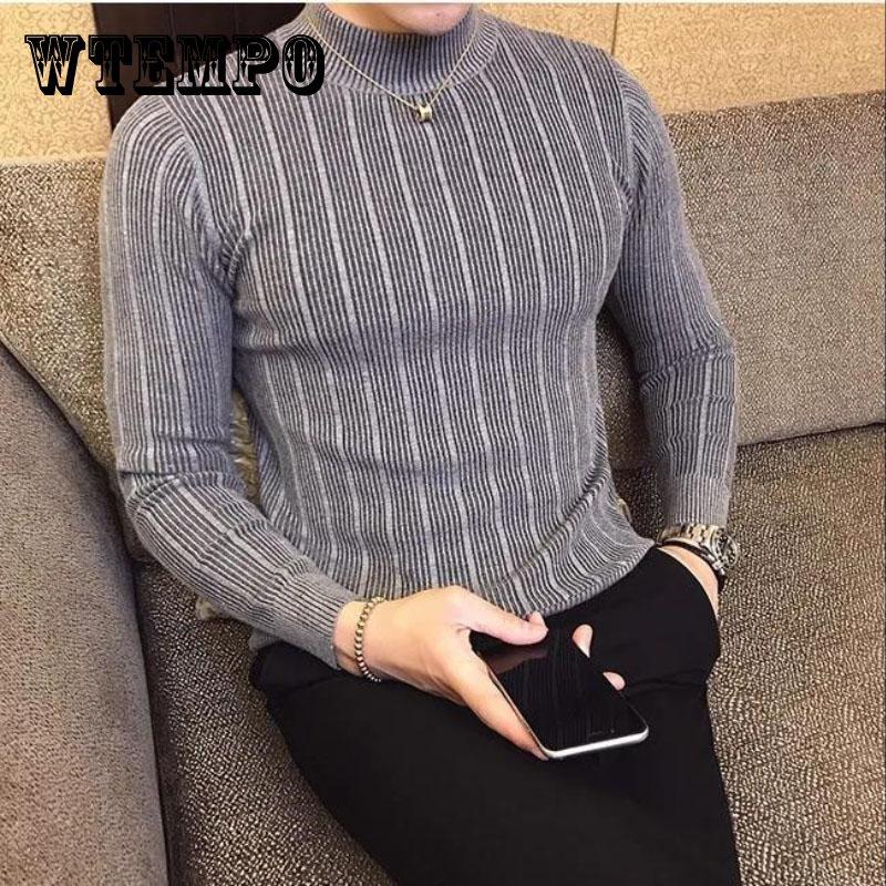 Half Turtleneck Sweater Men's Long-sleeved Sweater Korean Version of Slim High-neck Striped Sweater Men's Bottoming Shirt