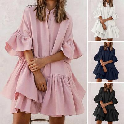 Женское многоярусное платье-бэбидолл с плиссированными рукавами, летнее повседневное свободное мини-платье средней длины для повседневной жизни и пляжных вечеринок