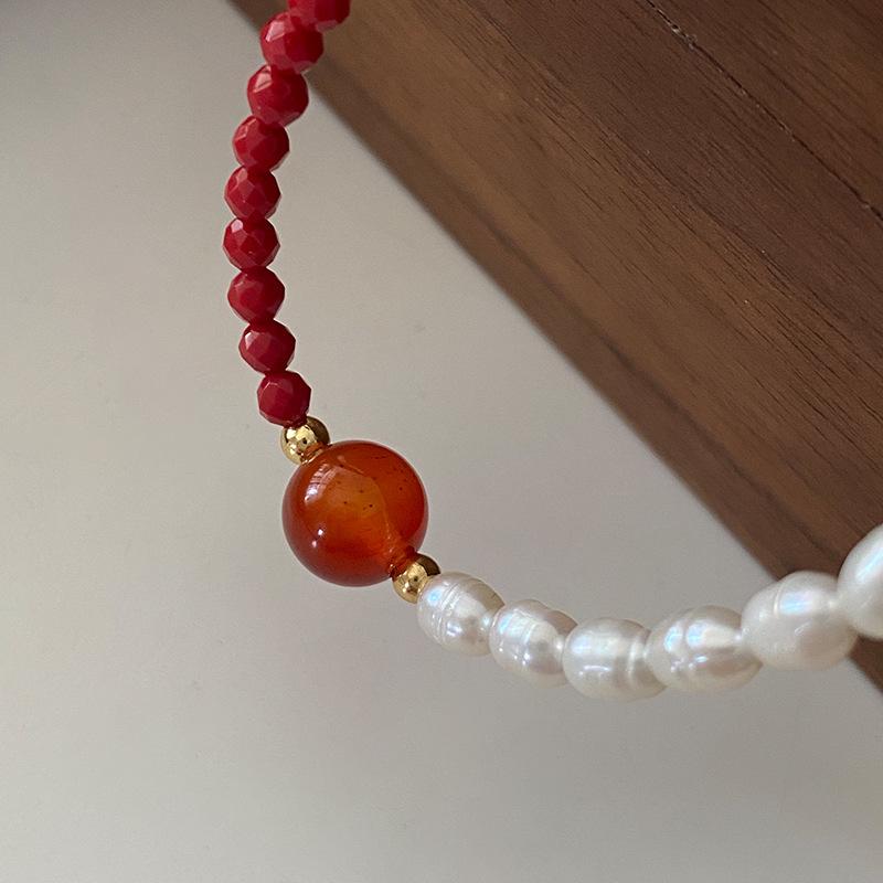 New Chinese Agate Beaded Necklace, Millet Bead Collarbone Chain, Guochao Retro Freshwater Pearl Sweater Chain, High-End Women