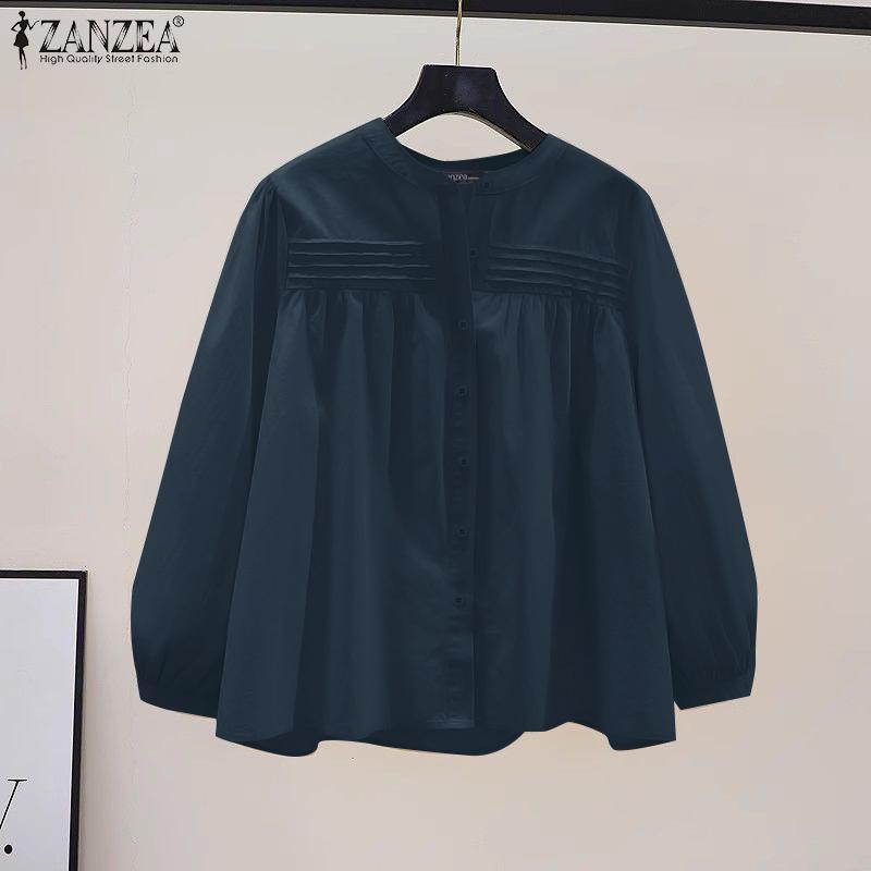 ZANZEA Women Casual Round Neck Loose Long Sleeve Plain Blouse