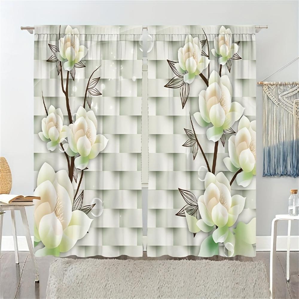 2Pcs Luxury Blue Floral Flower Vase Girl Window Treatment Curtains Blinds For Living Room Kids Bedroom Kitchen Door Home Decor