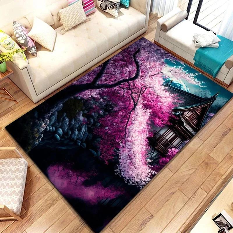 3D Japanese Cherry Blossom Floor Mat with Mount Fuji Design Large Soft Carpet for Kids' Bedroom Stylish Rug for Living Room