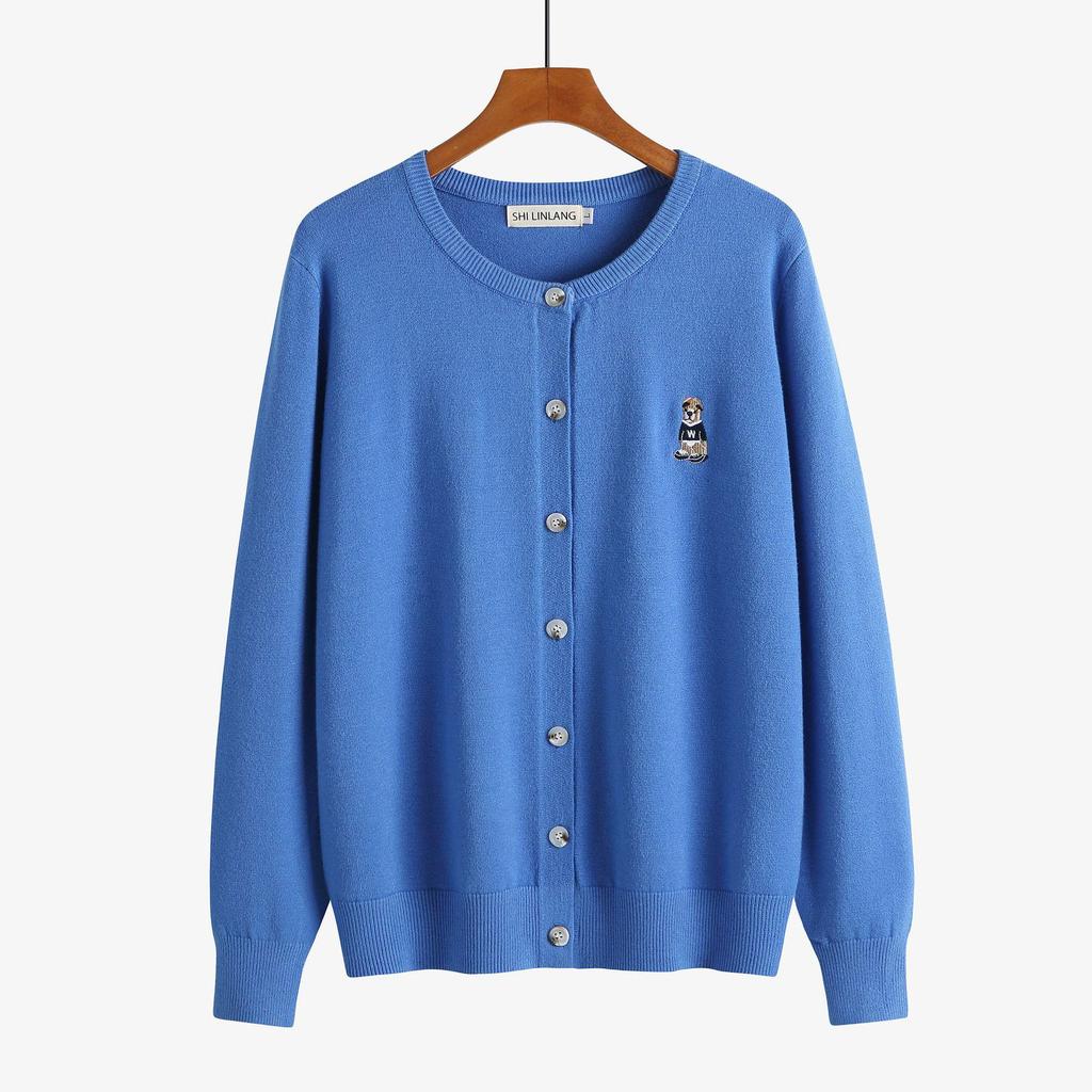 Plus Size Women's Bear Embroidery Knit Cardigan - Autumn/Winter 2026 Round Neck Thick Sweater Coat (220 Jin)