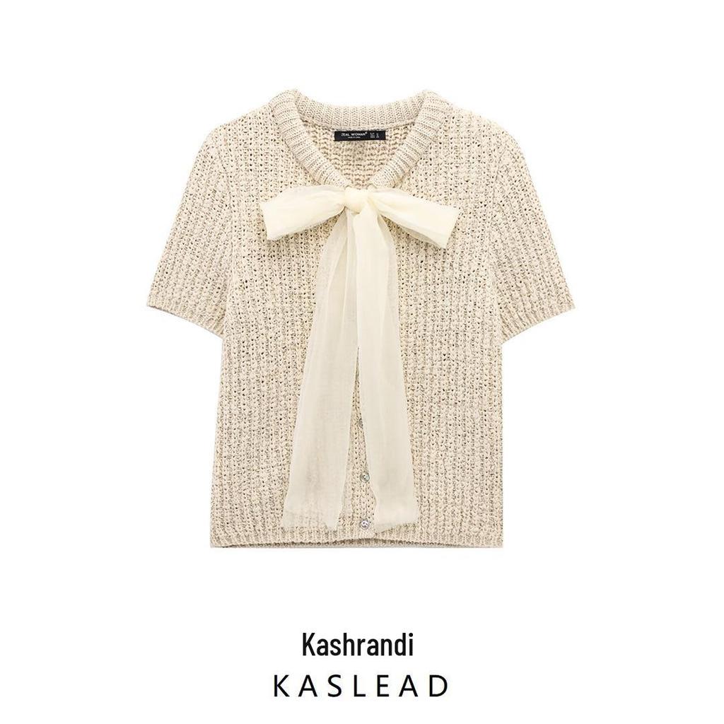 Spring 2025 Women's Fashion: European American Style Transparent Yarn Bow Brooch Cardigan