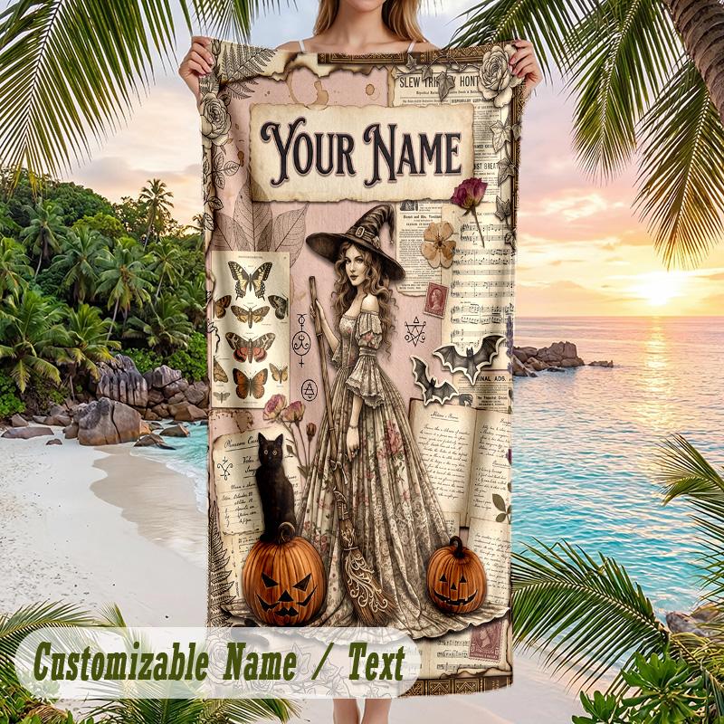 Witchcraft Theme Beach Towel Personalized Custom Name & Text Soft Quick Dry Beach Towel for Swimming Travel