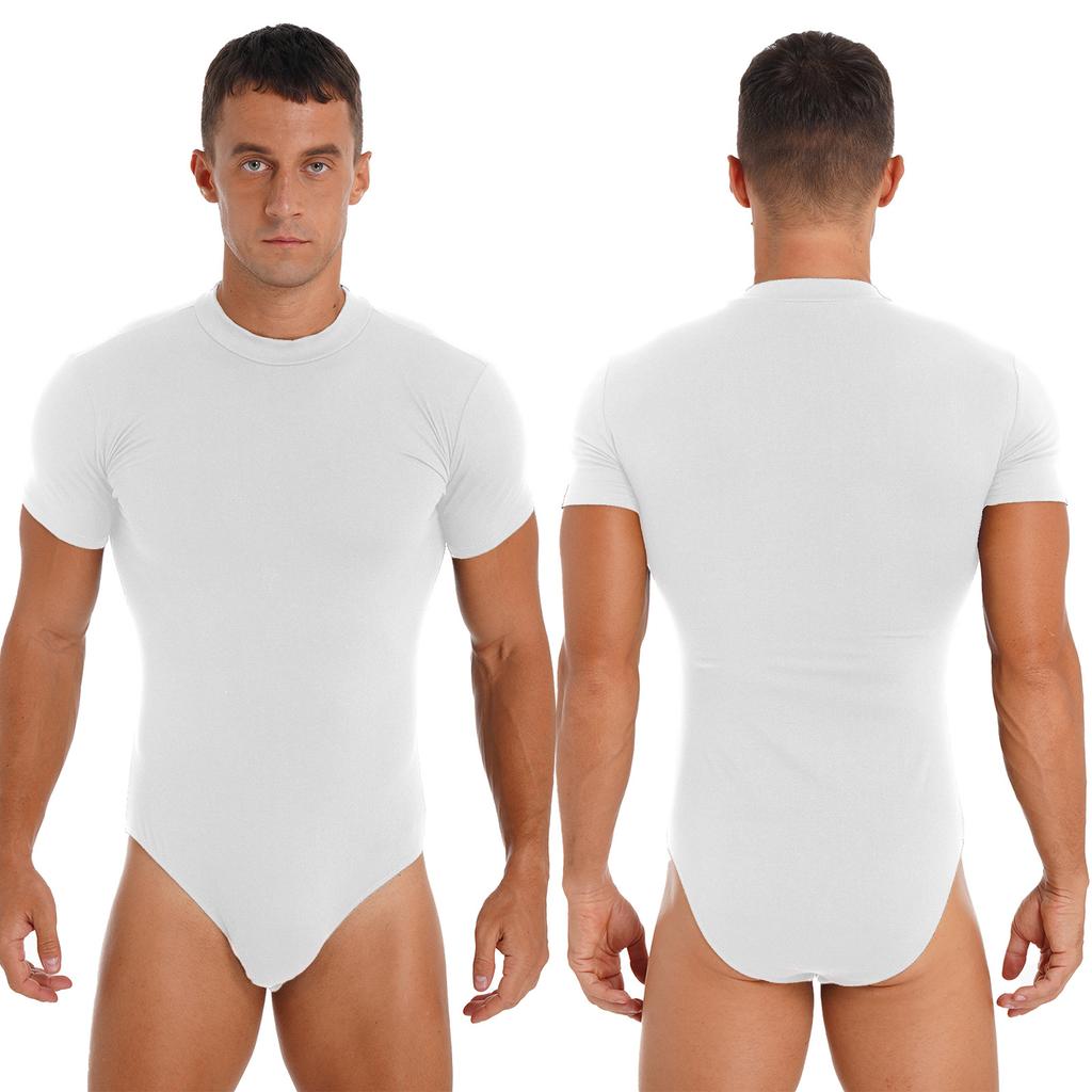 Men Crew Neck Short Sleeve Leotard Undershirt Press Button Crotch Bodysuit Casual Solid Color Skinny Jumpsuit for Daily Wear Layering