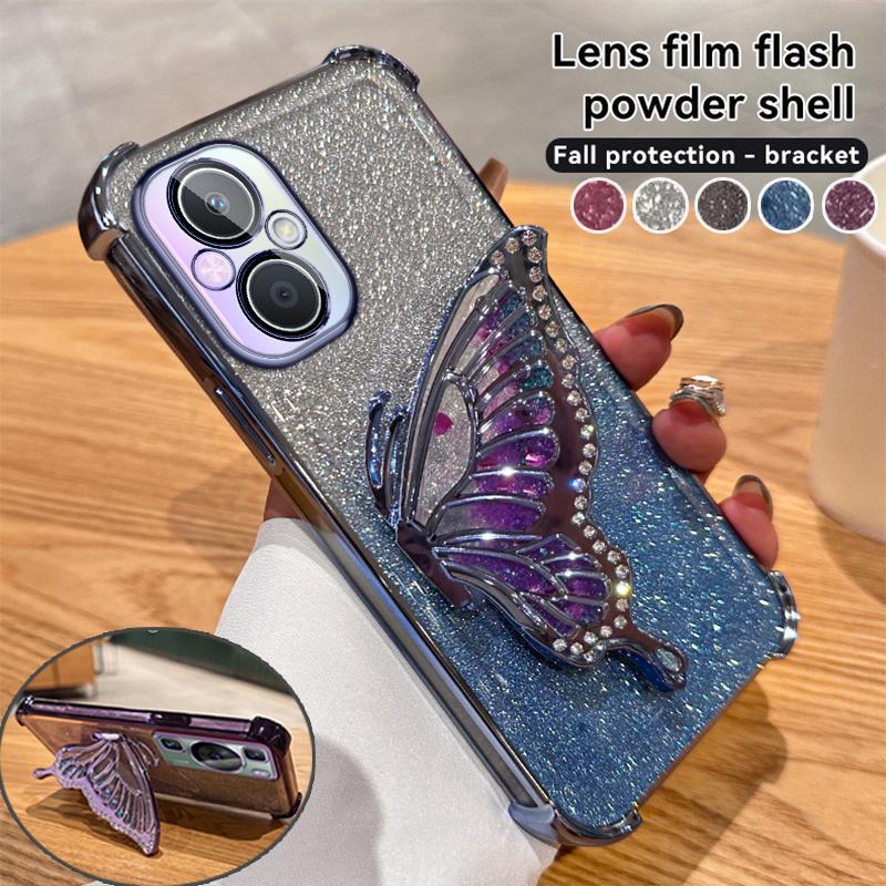 Чехол-подставка с градиентным блеском и бабочкой для OPPO A17 A93 A96 A97 A35 A55 A56 A57 A9 A5 A57 A58 A72 Realme C53 C35 C33 C31 Reno 6 7 8 9 10 11 12 Pro