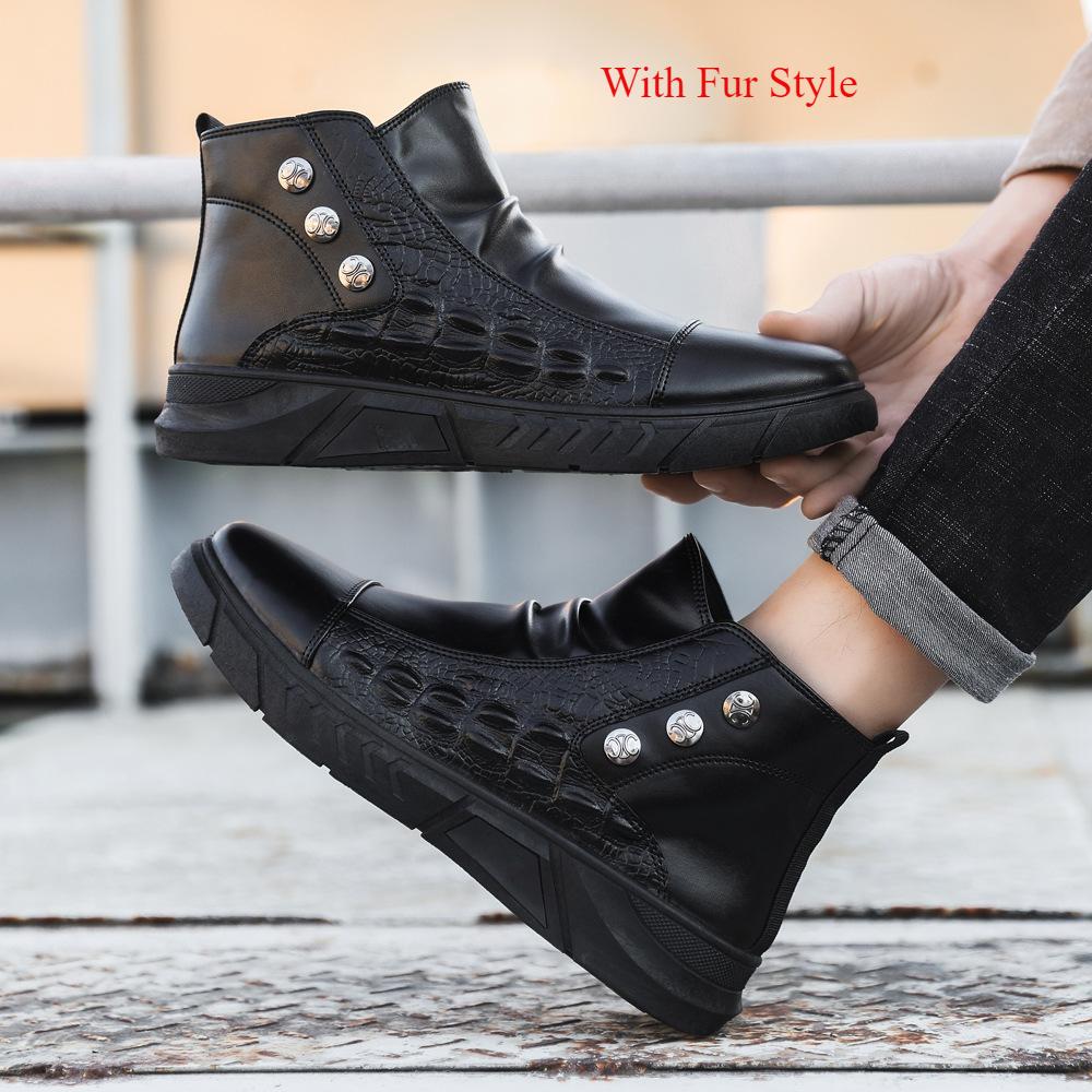 Fashion Motorcycle Boots Men Casual Round Toe Hiking Footwear Winter Warm Plush Ankle Boots Man High Top Anti-slip Leather Tooling Boot