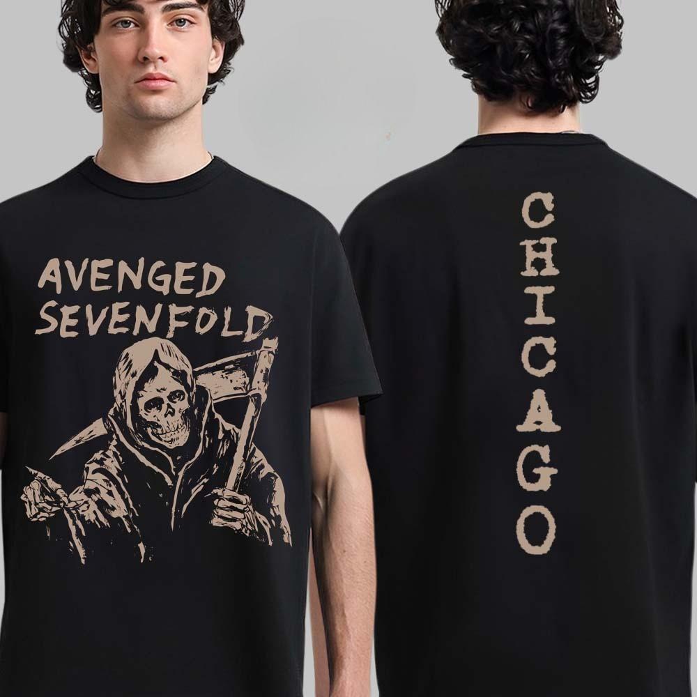 Горячая футболка Avenged Sevenfold Чикаго 2025 с всплывающим местом проведения на Soldier Field 31 августа 2025 года Двусторонняя футболка The Reaper