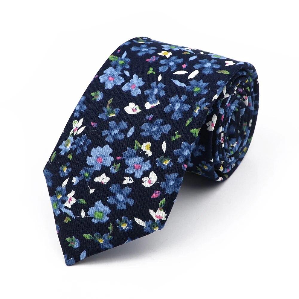 Floral Tie, For Men Women, 100% Cotton, Elegant Flower Necktie, White, Blue, Narrow Skinny, Wedding, Party