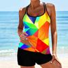 Women's Shoulder Strap Beautiful Back Swimsuit with Colored Irregular Square Print Bikini Short Tank Top Swimsuit