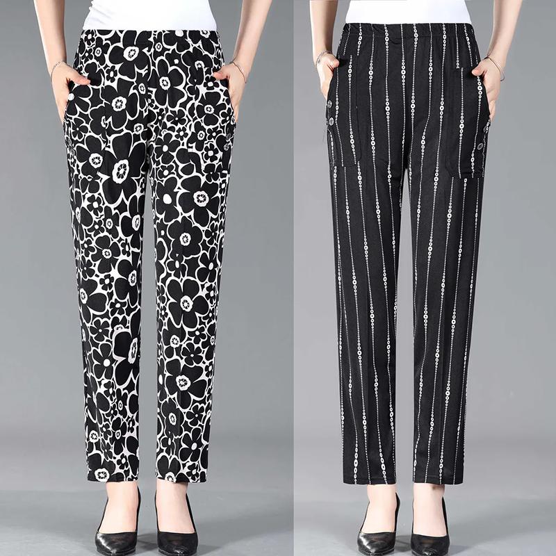 WTEMPO Эластичные тонкие свободные укороченные брюки с высокой талией для мам, женские брюки с принтом в стиле ретро, весна-лето, из ледяного шелка, широкие брюки