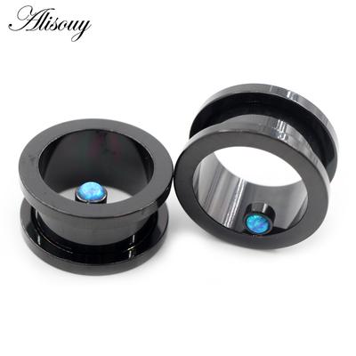 Alisouy 2 шт., инкрустация из нержавеющей стали, опаловый камень, нить, ушные манометры, туннели, заглушки, расширитель, носилки, серьги, пирсинг, украшения для тела