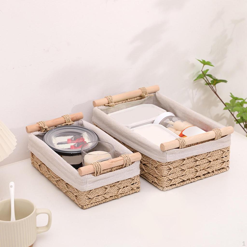 2 Pieces Woven Baskets Hand-Woven Paper Rope Storage Bathroom with Handle Rectangular