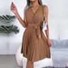 Женское весенне-летнее темпераментное шикарное однотонное платье без рукавов с v-образным вырезом и высокой талией на шнуровке