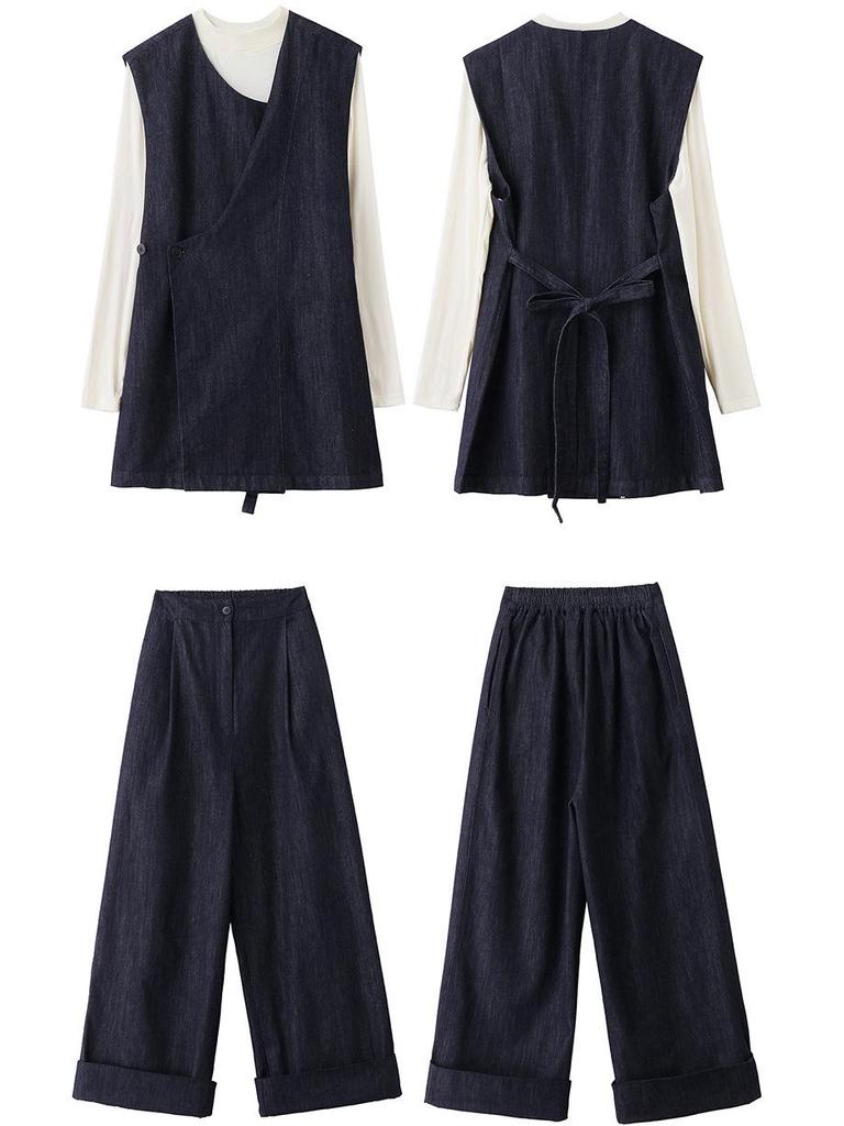 Spring 2025 Fashionable Three-Piece Set: Stylish Base Shirt, Denim Vest, & Long Pants