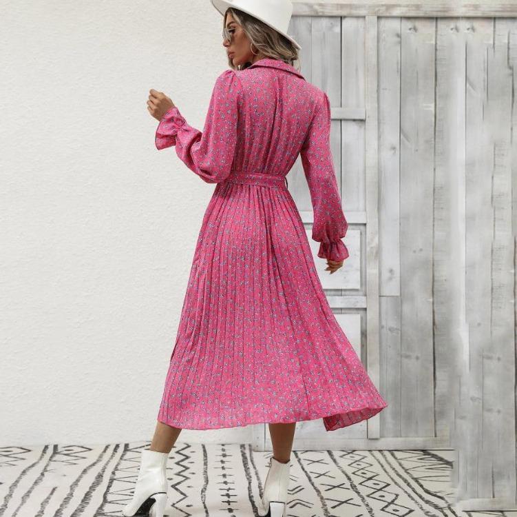 Женское осенне-зимнее повседневное платье с длинным рукавом, V-образным вырезом, цветочным принтом, А-силуэта, с завышенной талией, длиной до щиколотки