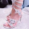 Summer Sexy CRYSTAL Flower Thin Heels Women Sandals Street Style Open Toe Narrow Band Ankle Strap Banquet Prom Shoes