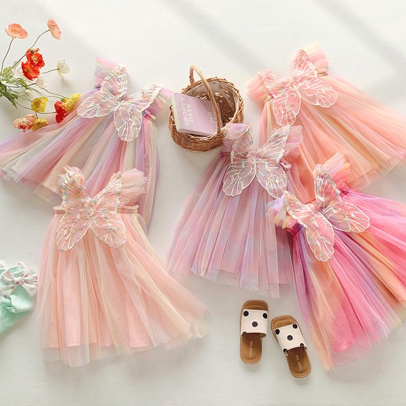 Girls Summer Rainbow Tulle Princess Dress With Flutter Sleeves And Puffy Skirt For Kids Party Wear