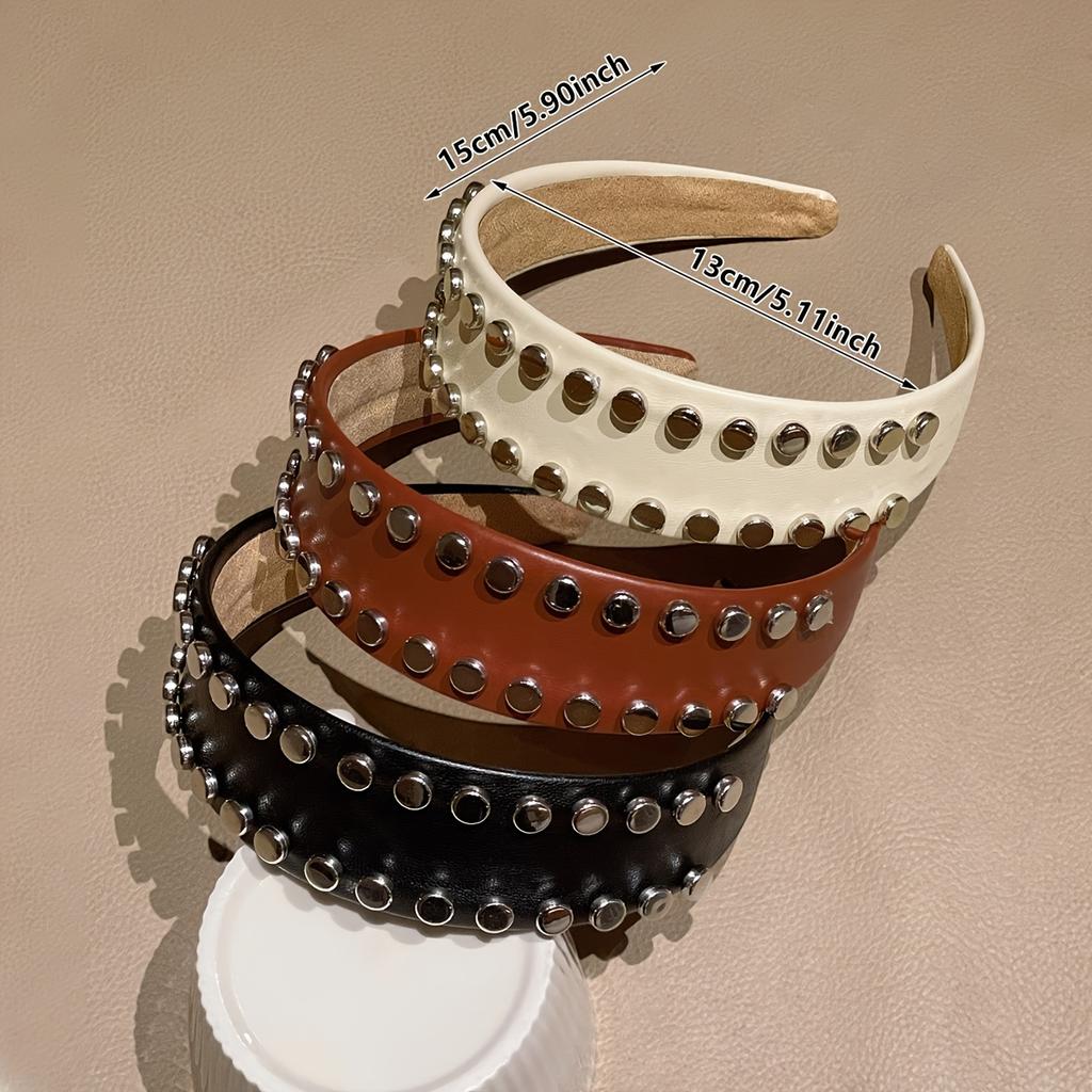 1Pc Women'S Fashionable High-End Large Rivet Leather Wide-Brimmed High-Crown Headband, Suitable For Everyday Casual Wear, Versatile For Concealing