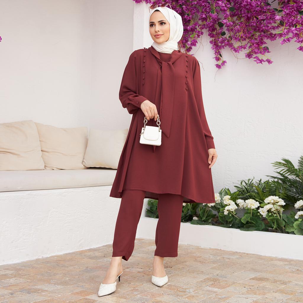 Foulard Collar Women Tunic Pants Double Suit Combine Islamic Muslim Casual Fashion Loose Summer Summer New Season Turkey