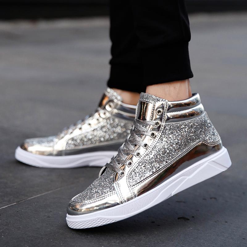 Горячие золотые зеркала мужские туфли мода повседневные блестящие уличные хип-хоп кроссовки мужские блестящие высокие кроссовки мужские zapatos de hombre