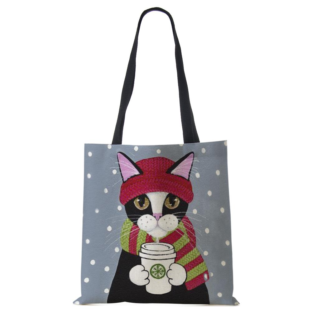 Сумка на плечо повседневная с милым принтом кошки, женская, для покупок, многоразовая, большая вместимость, холщовая, для путешествий, школы, пляжа, тоут-сумка CLE