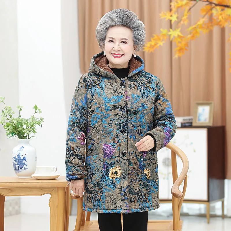 Plus Velvet Thick Cotton Jacket for Elderly Winter Women's Mid-Length Jacket Cotton Lined Corduroy Hooded Warm Quilted Jacket