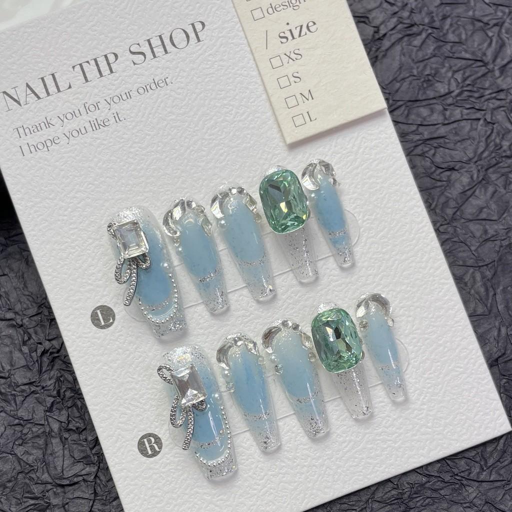 HANDMADE Long Water Drops Shape Artificial Nail Gentle Luxurious Hollow French High-end Light Blue Fine Sparkling Gemstones Phototherapy Nail