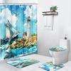 4 шт. Наборы для шторки для душа, Лодка Маяк Океан Водонепроницаемые Синие Наборы для ванной комнаты с Нескользящими ковриками, Крышка для унитаза и Коврик для ванной, Аксессуары Современные