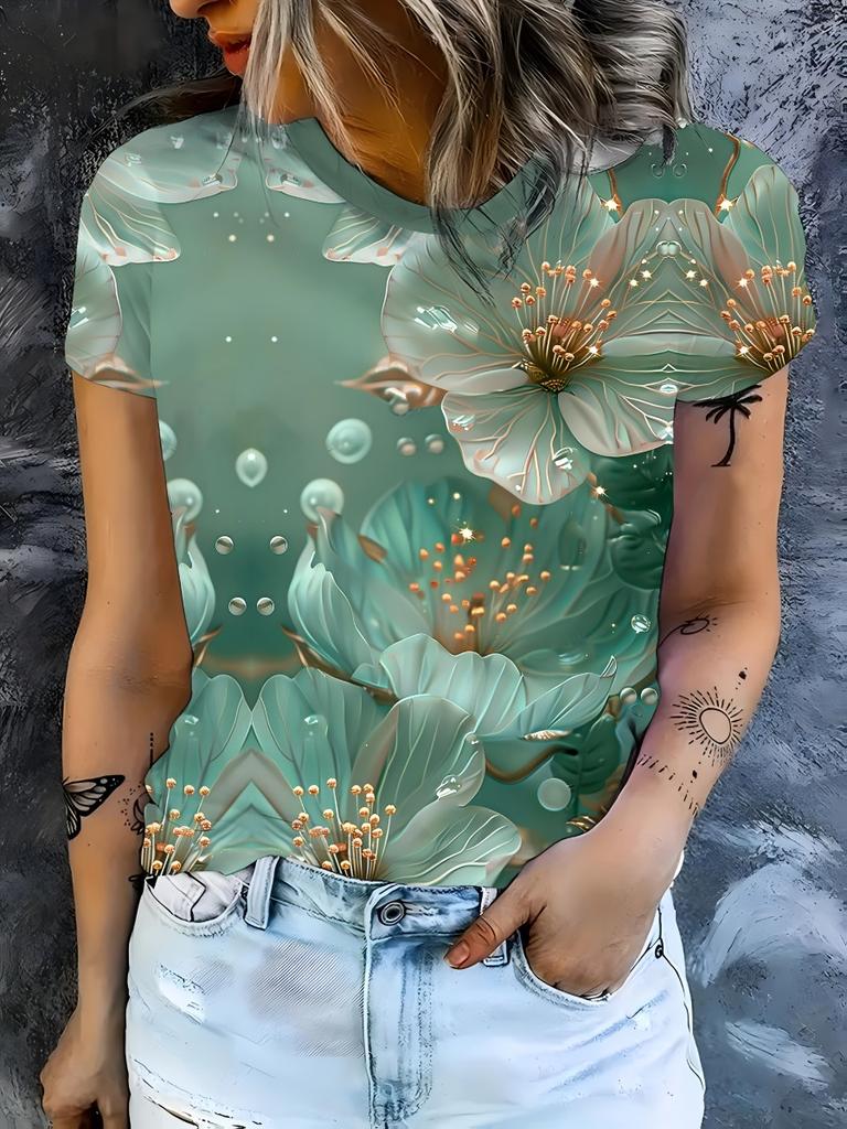 Женская футболка Летняя Повседневная Круглый вырез Короткий рукав 3D принт Цветочный узор Топ Свободная Повседневная одежда Женская футболка