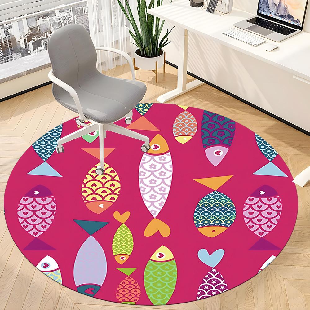 1pc Fishes Pattern Office Round Area Rug, Indoor Mat Suitable For Office, Under Office Chairs Bedroom Living Room Home Decor, Room Deco 045