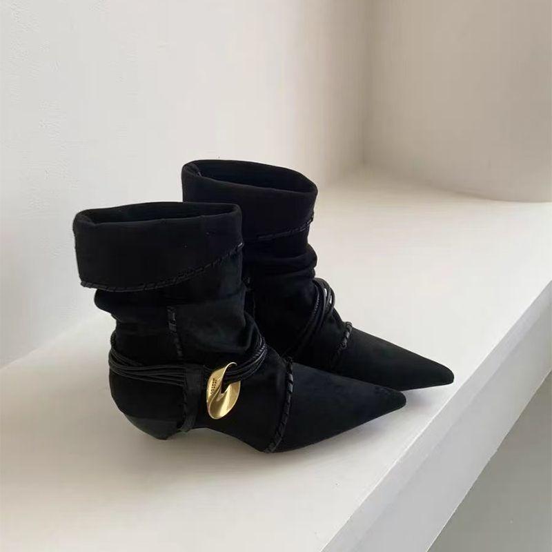 Женские замшевые ботильоны на низком каблуке в стиле ретро 2025: Остроносый, Сборчатый, С завязками, Многосторонний Модный