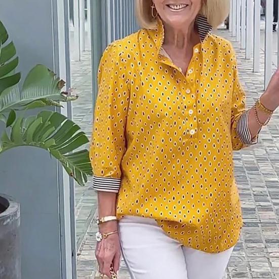 Свободный воротник большого размера с мягким точечным принтом-стойкой, рукав три четверти, дышащая повседневная полосатая пуговица средней длины