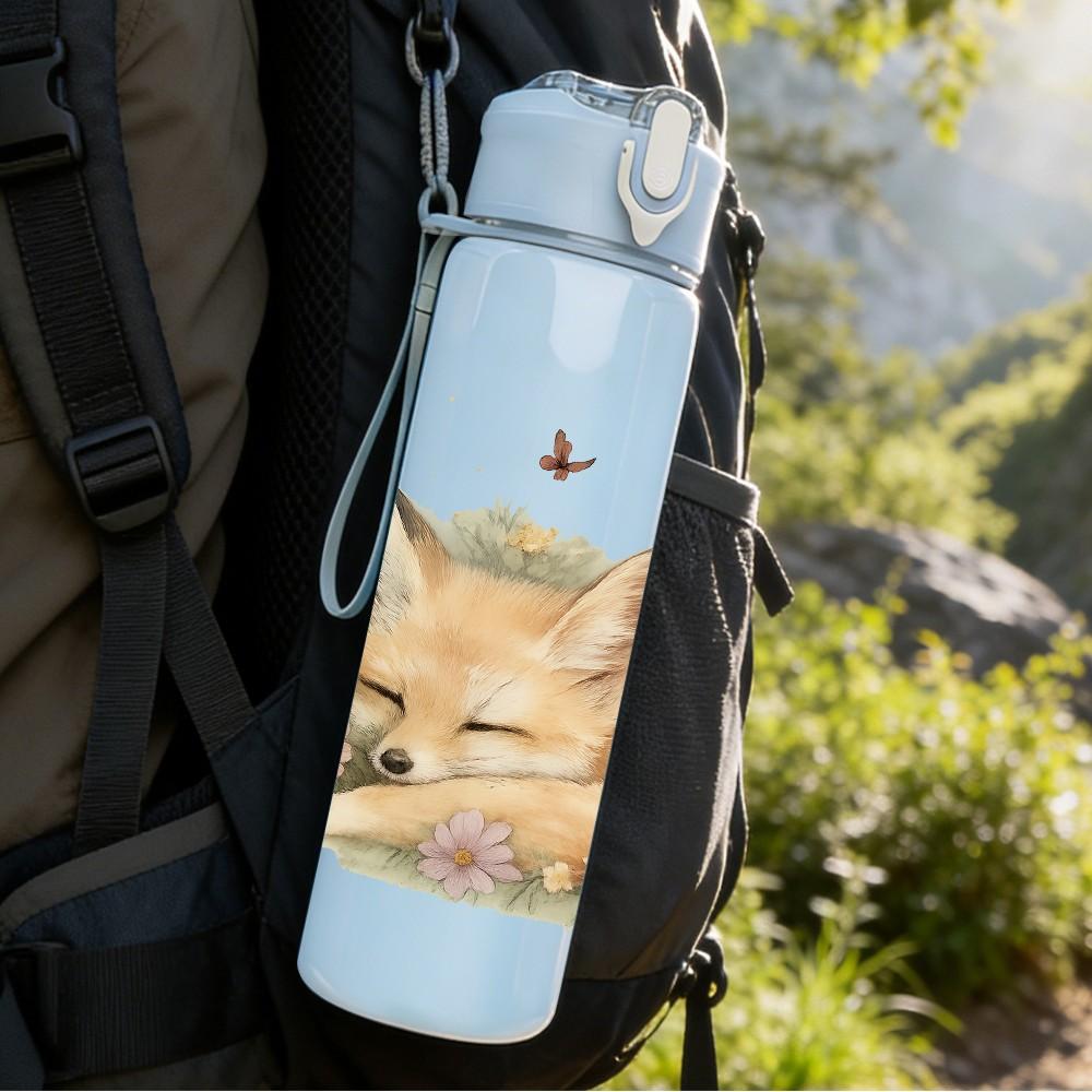 1PC Cute Fox Sleepy Floral Surround Print 750ml Color Plastic Sports Water Bottle Leakproof Flip Straw Lid Suitable for Sports Office Home Use