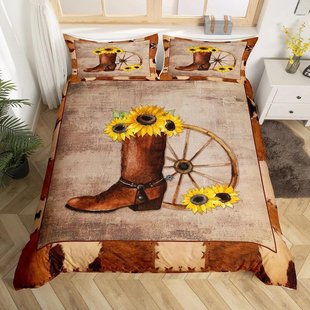 Пододеяльник в стиле вестерн-ковбой, комплект постельного белья Twin King Cowboy Boots Hat Floral Exotic Farmhouse Cowboys Patchwork