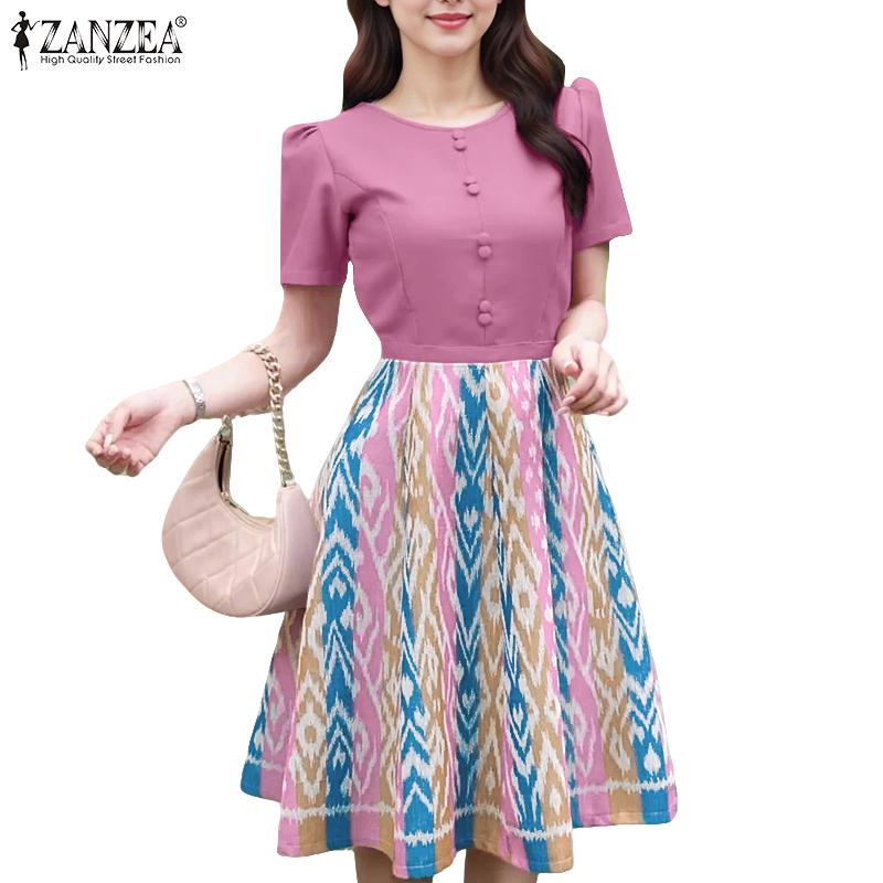 ZANZEA Women Casual Round Neck Short Sleeve Print Patchwork Dress